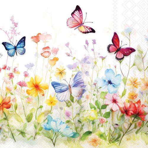 20 Servietten Butterflies in Field white  - Schmetterlinge im bunten Blumenfeld 33x33cm