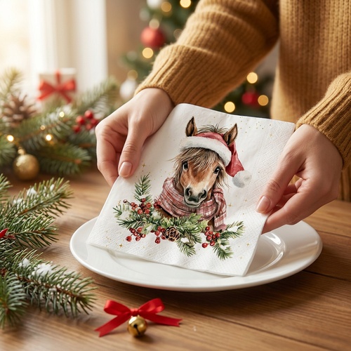 20 Servietten Small Napoleon - Pferd mit Weihnachtsmütze 33x33cm