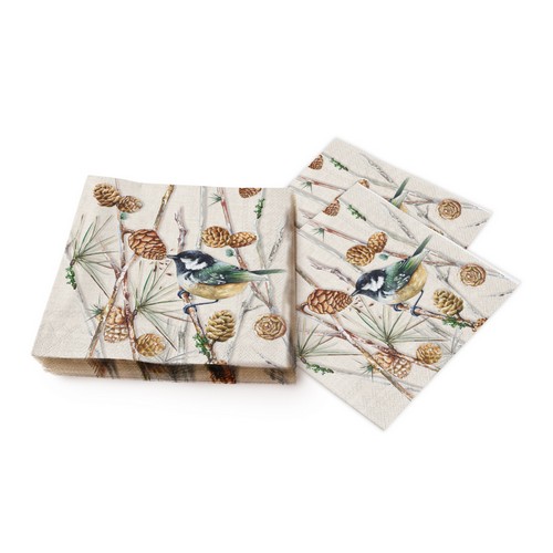 20 Servietten Bird on Branch cream - Vogel umgeben von Zapfen 33x33cm