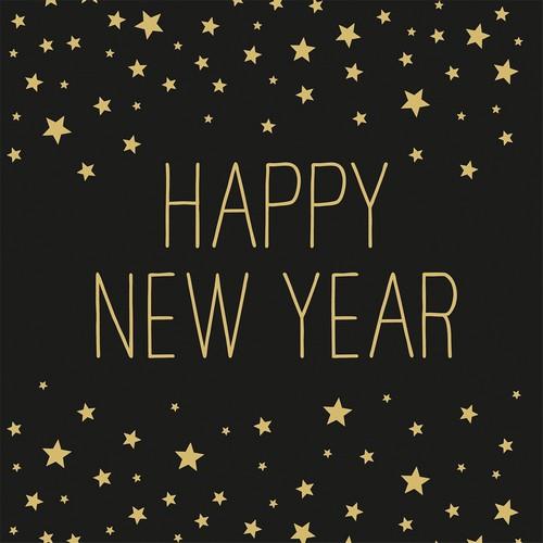 RP 20 Servietten Happy New Year black - Happy New Year mit goldenen Sternen 33x33cm