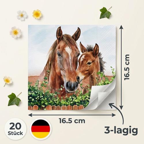 20 Servietten Fattrice e Puledro - Pferdefamilie am Zaun 33x33cm