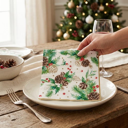 20 Servietten Cones & Hollyberry on White - Zapfen an Wintergeflecht 33x33cm