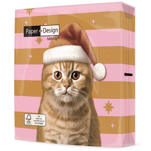 20 Servietten Xmas Cat - Kweihnachtskatze auf Streifen 33x33cm