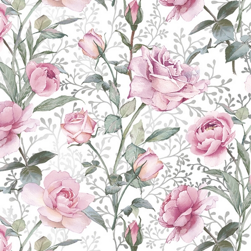 20 Servietten Pink Roses on Silver - Rosen auf silberne Ranken 33x33cm