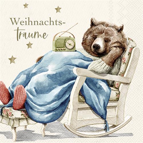 20 Servietten Weihnachtsträume cream - Bär im Schaukelstuhl 33x33cm