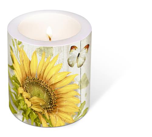 Kerze rund Vintage Sunflower – Vintage Sonnenblume Ø9cm, Höhe 10cm