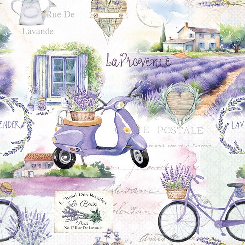 20 Servietten La Provence  - Motorroller und Fahrrad mit Lavendel 33x33cm