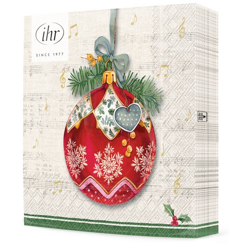 20 Servietten Christmas Bauble - Rote Kugel auf Notenzeile 33x33cm