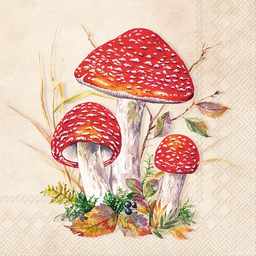 20 Servietten Toad cream - Drei schöne Fliegenpilze 33x33cm