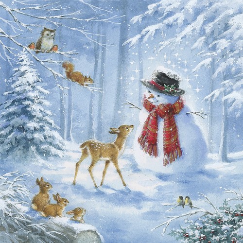 20 Servietten Snowmen´s Friends - Tiere spielen mit Schneemann 33x33cm