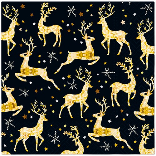 20 Servietten Golden Reindeer Charm - Goldene Hirsche auf schwarz 33x33cm