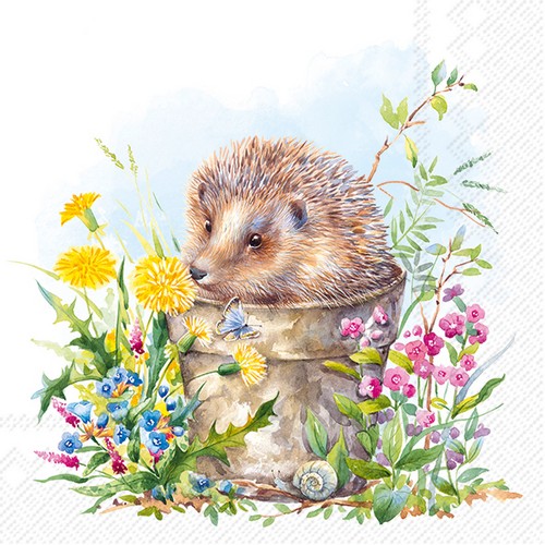 20 Servietten Smells like Spring - Igel im Frühlingseimer 33x33cm