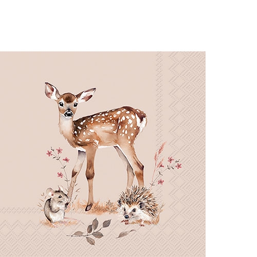 20 kleine Cocktailservietten Forest Tales - Waldtiere mit einzelnen Blättern 25x25cm