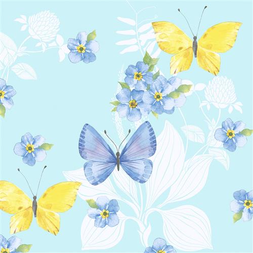 20 Servietten Butterfly Dance - Schmetterlinge an Blumen auf hellblau 33x33cm
