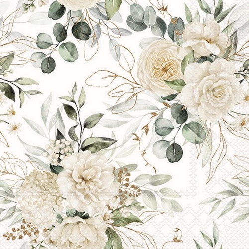 20 Servietten Eucalyptus and Roses - Rosen an Eukalyptusblätter 33x33cm