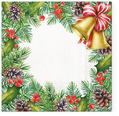 20 Servietten Glory Christmas Frame - Glocke an Weihnachtskranz 33x33cm