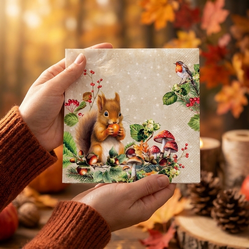 20 Servietten Fruit Collector - Eichhörnchen und Vogel an Früchte 33x33cm