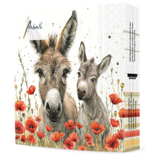 20 Servietten Lilly & Lou - Eselfamilie an Mohnblumen 33x33cm