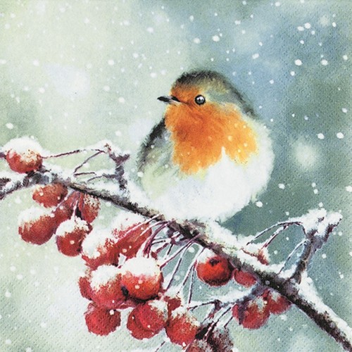 20 Servietten Hello Robin - Winterszene mit Vogel 33x33cm