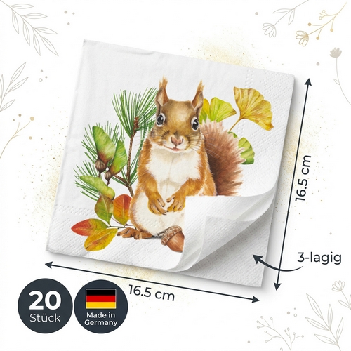 20 Servietten Poppy - Eichhörnchen mit Naturblätter 33x33cm