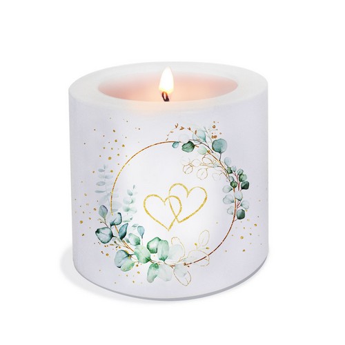 Kerze rund Eucalyptus Hearts white - Herzen um Eukalyptus weiß Ø 8cm, Höhe 7,5cm