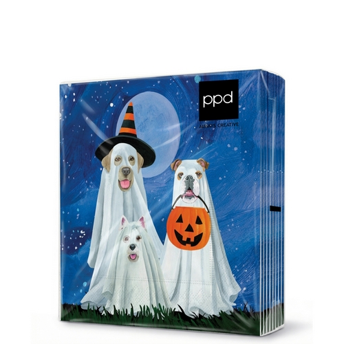 20 kleine Cocktailservietten Trick or Dog Treat - Halloween-Hunde als Gespenster 25x25cm