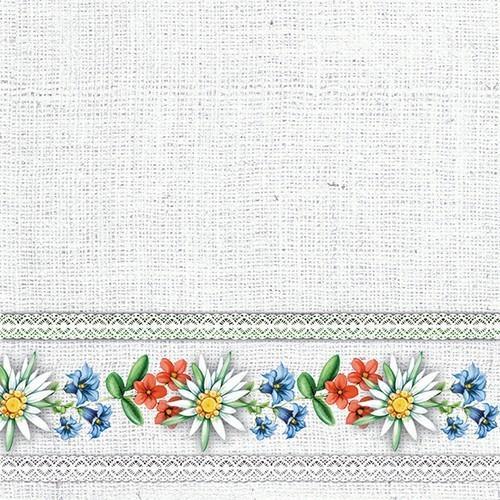 20 Servietten Bavarian Flowers Stone – Edelweißstreifen auf hellgrau 33x33cm
