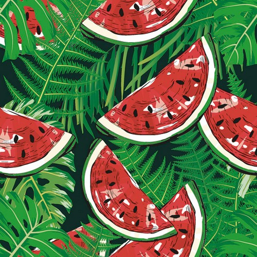 20 Servietten Watermelon on Green Fern Leaves - Dunkle Wassermelonen an Blätter 33x33cm