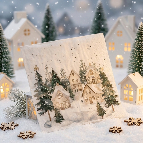 20 Servietten Snowy Houses - Weiße Winterhäuser im Wald 33x33cm