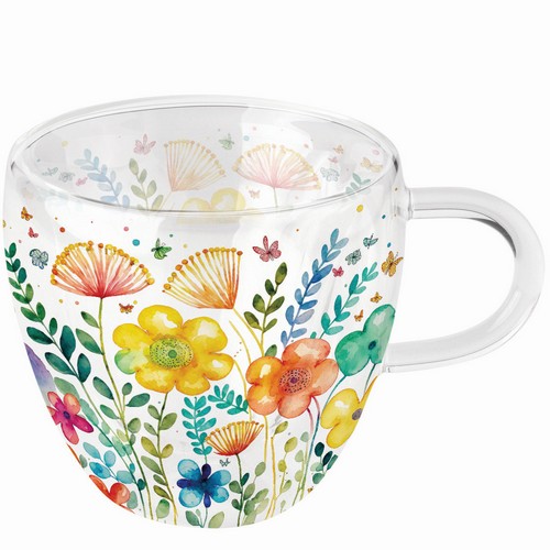 Glas doppelwandig Vibrant spring white - Moderne, bunte Frühlingswiese 0,25L, Höhe 9,5cm