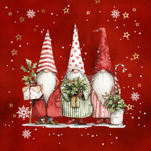 20 Servietten Roliga Julnissar - Drei Winterwichtel auf rot 33x33cm