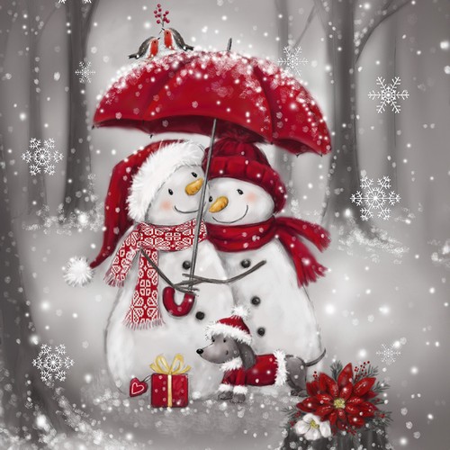 20 Servietten Snowmen with Umbrella - Schneemänner mit Regenschirme 33x33cm