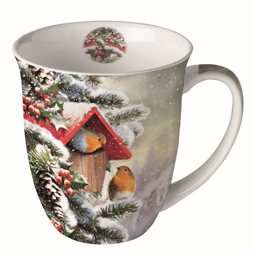 Tasse aus Porzellan House with Robins - Rotkehlchen im winterlichen Vogelhaus 0,4L, Höhe 10,5cm