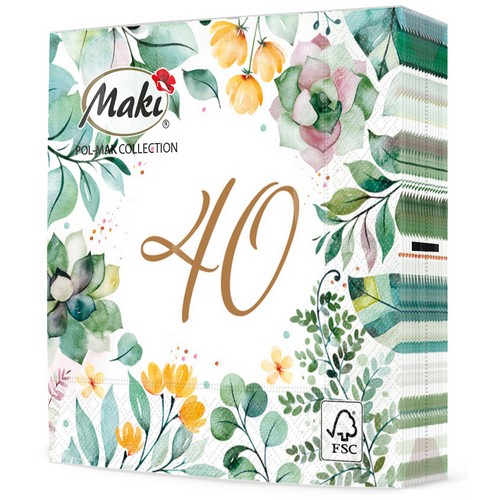 20 Servietten Floral Frame 40 - Zahl 40 in grünen Blättern 33x33cm