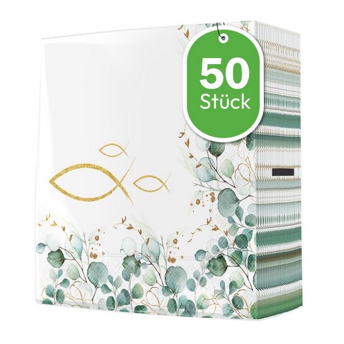 50 Servietten Eucalyptus Frame Fish - Eukalyptus Bordüre Fisch 40x40cm
