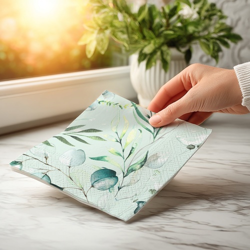20 kleine Cocktailservietten Eucalyptus green - Eukalyptus dezent 25x25cm
