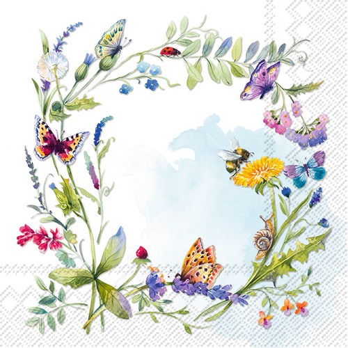 20 Servietten Spring Wreath - Wiesenblumen als Kranz 33x33cm