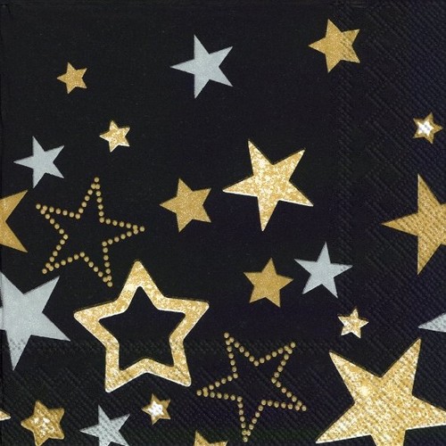 20 Servietten Sparkling Stars black - Sterne in gold und silber auf schwarz 33x33cm