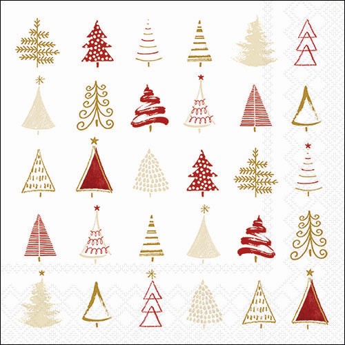 20 Servietten Christmas Tree Doodles red - Moderne Baumformen rot-gold  33x33cm