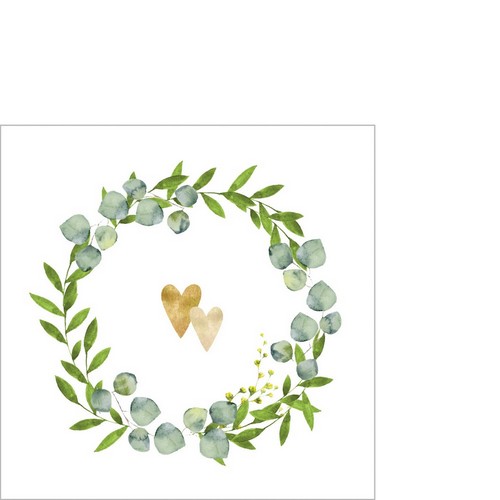 20 kleine Cocktailservietten Two Hearts - Goldene Herzen im Kranz 25x25cm
