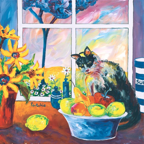 20 Servietten Portchie Art The Cat in the kitchen - Katze an Obstschale 33x33cm