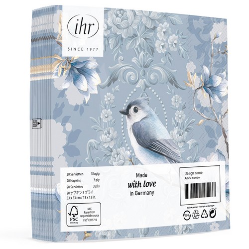 20 Servietten Penelope light blue - Vogel in blauer Welt 33x33cm