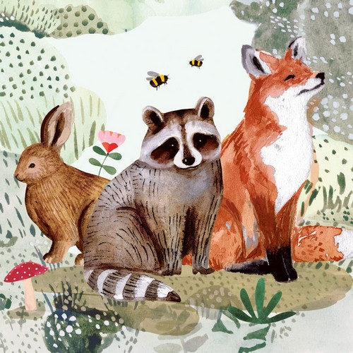 20 Servietten Rabbit, Racoon & Fox - Hase, Waschbär und Fuchs 33x33cm