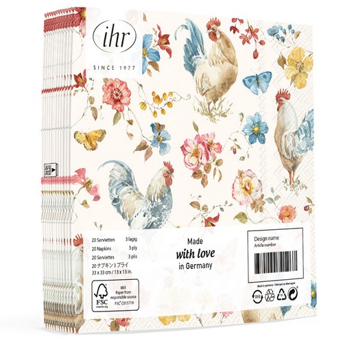 20 Servietten Country Rooster cream - Hahn an Vintage-Blüten 33x33cm