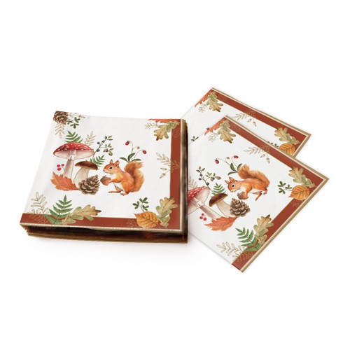 20 Servietten Autumn Breeze - Eichhörnchen an Herbstpilze 33x33cm