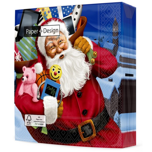 20 Servietten Santa with Toys - Weihnachtsmann mit Geschenkesack 33x33cm