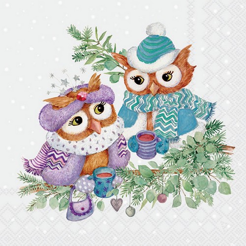 20 Servietten Winter Owls - Wintereulen beim Tee trinken 33x33cm