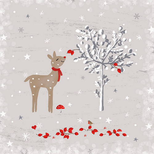 20 Servietten Sniffing Deer - Reh schnuppert an Winterbeeren 33x33cm