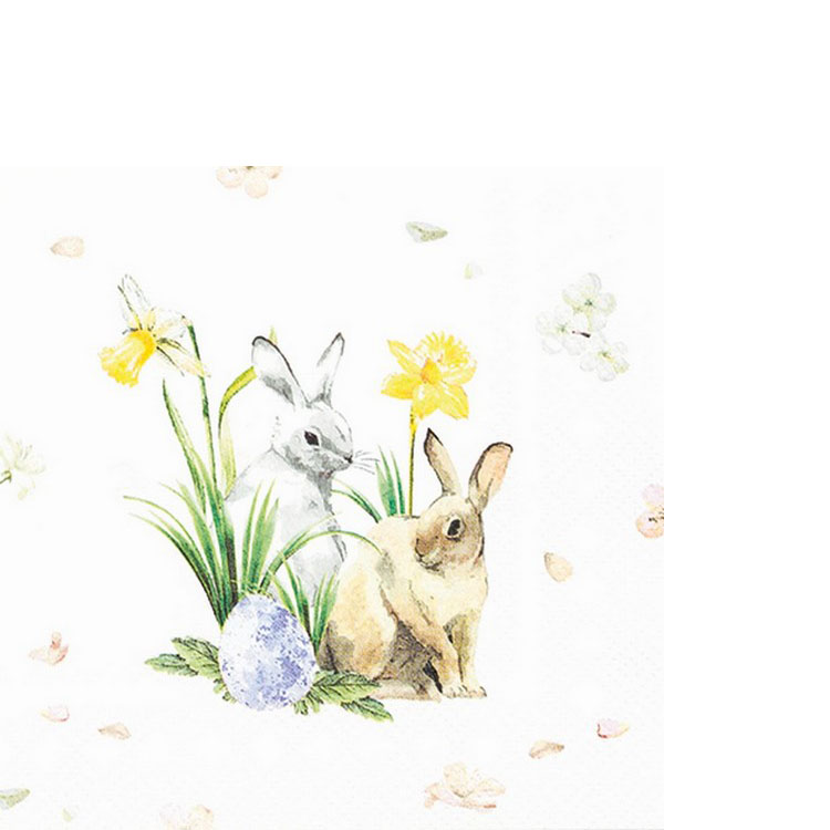 20 kleine Cocktailservietten World of Easter - Kleine Hasen an Frühlingsblumen 25x25cm