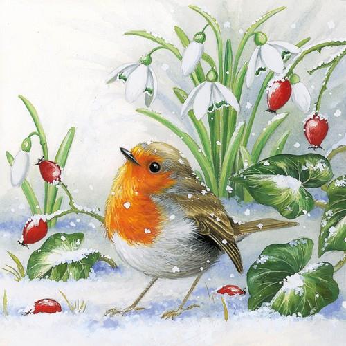 20 Servietten Robin - Süßer Vogel im Schnee 33x33cm